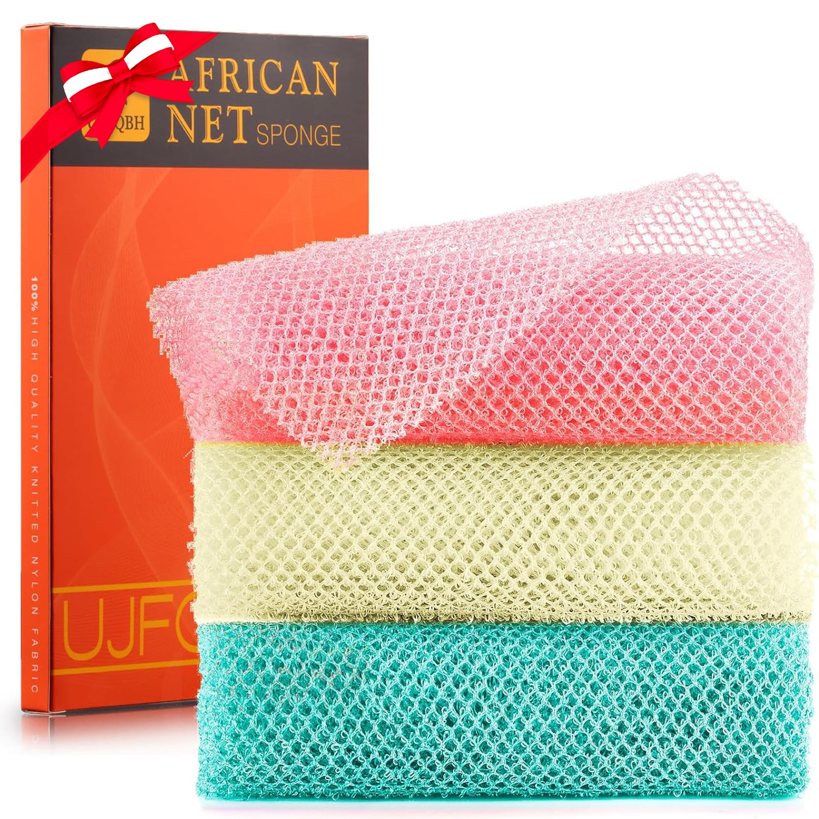 Photo 1 of UJFQBH 3 Pieces African Net Sponge, African exfoliating net African Net Long Net Bath Sponge Exfoliating Shower Body Scrubber Back Scrubber Skin Smoother?Pink, Green, Off-White?