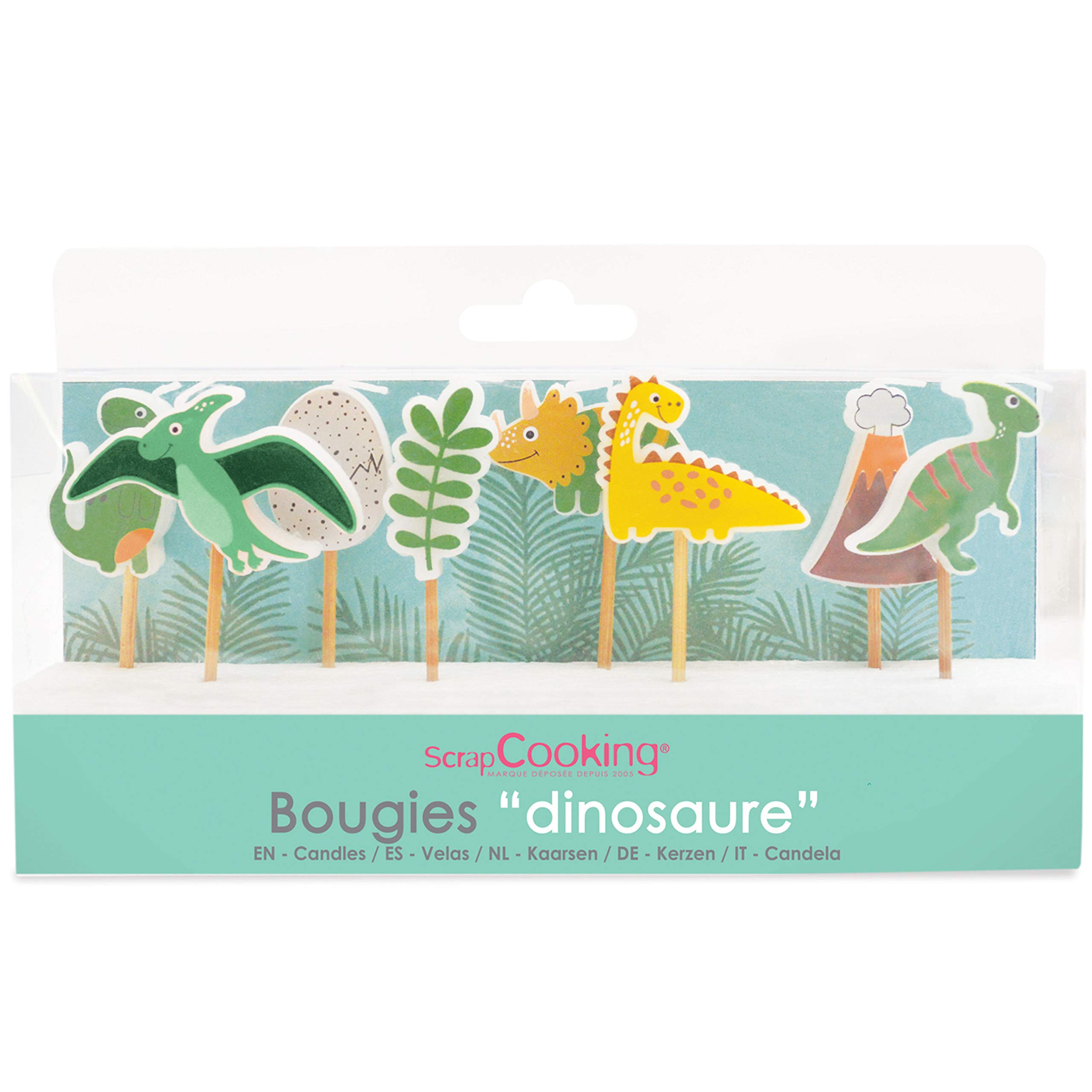 ScrapCooking Set of 8 Dinosaur Candles-Paraffin and Wood Decoration Accessories Parties, Children's Birthdays, Cupcakes and Pâtisserie Cake Design, Wax, 7 cm