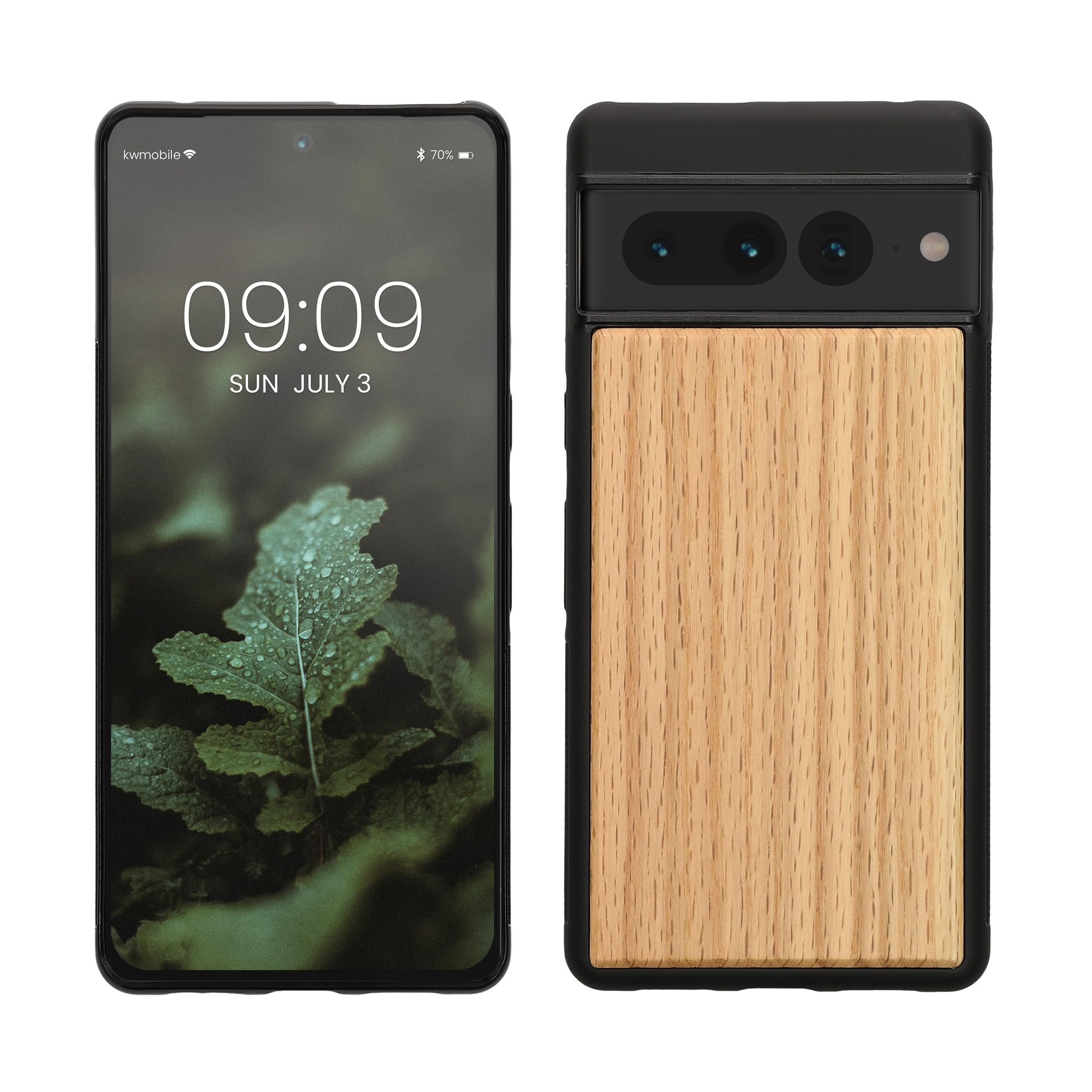 kwmobile Real Wood Case Compatible with Google Pixel 7 Pro Case - Hard Wooden Cover w/TPU Bumper - Light Brown/Brown oak