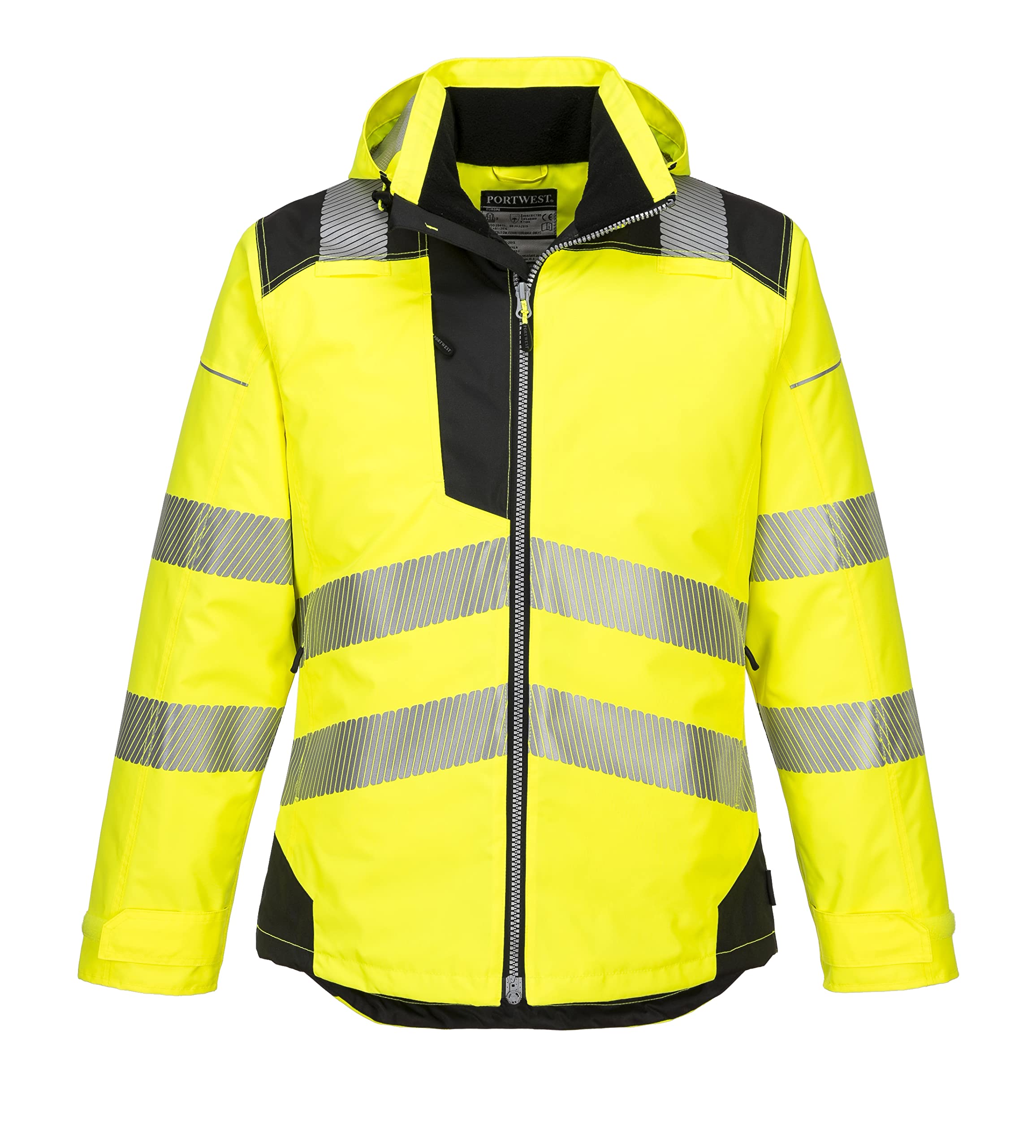 Portwest T400 Men's PW3 Lightweight Hi Vis Hooded Work Jacket Reflective Full Zip Safety Utility Quilt Lined Waterproof Workwear Yellow/Black, 3X-Large