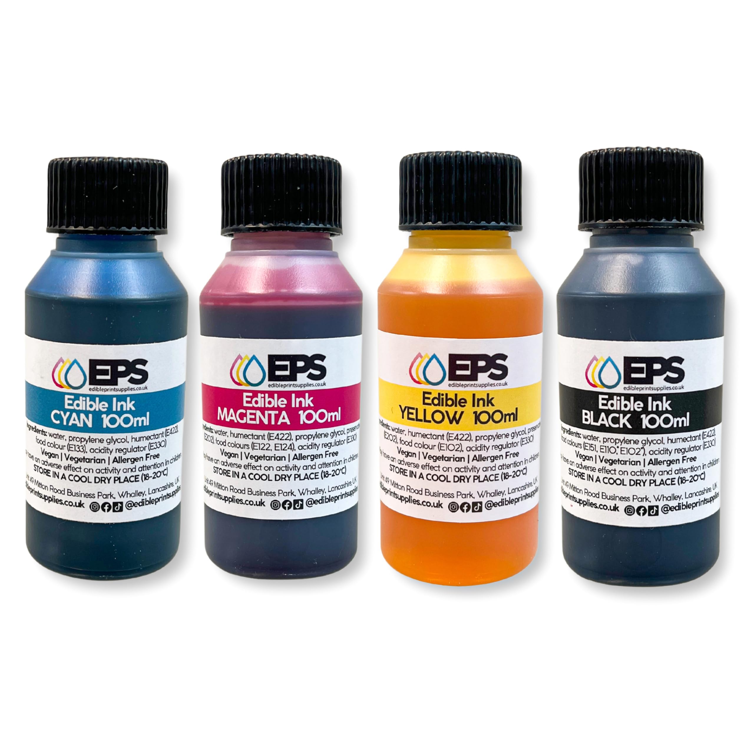 EPS Edible Ink for Canon & Epson Edible Printer - Bottled Refills (4 x 100ml) - Full Set of Bottled Edible Inks in Black, Cyan, Magenta and Yellow for CMYK Inkjet Edible Printers