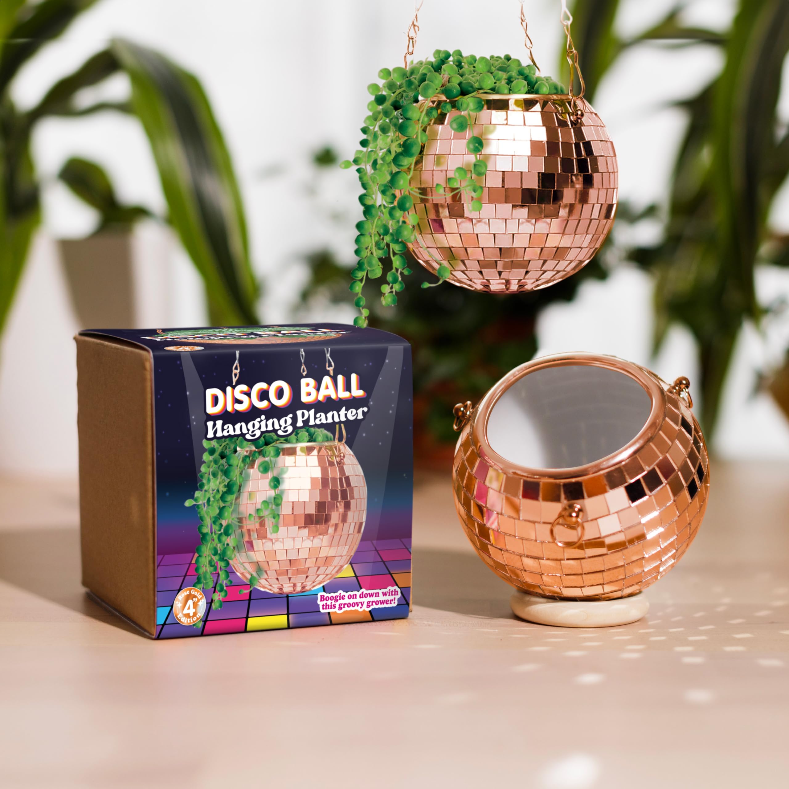 Bubblegum Stuff - Rose Gold Disco Ball Hanging Planter - Hanging Basket For Indoor Plants, Rose Gold Chain & Rim, Herb Planter - Room Decor 4 inch