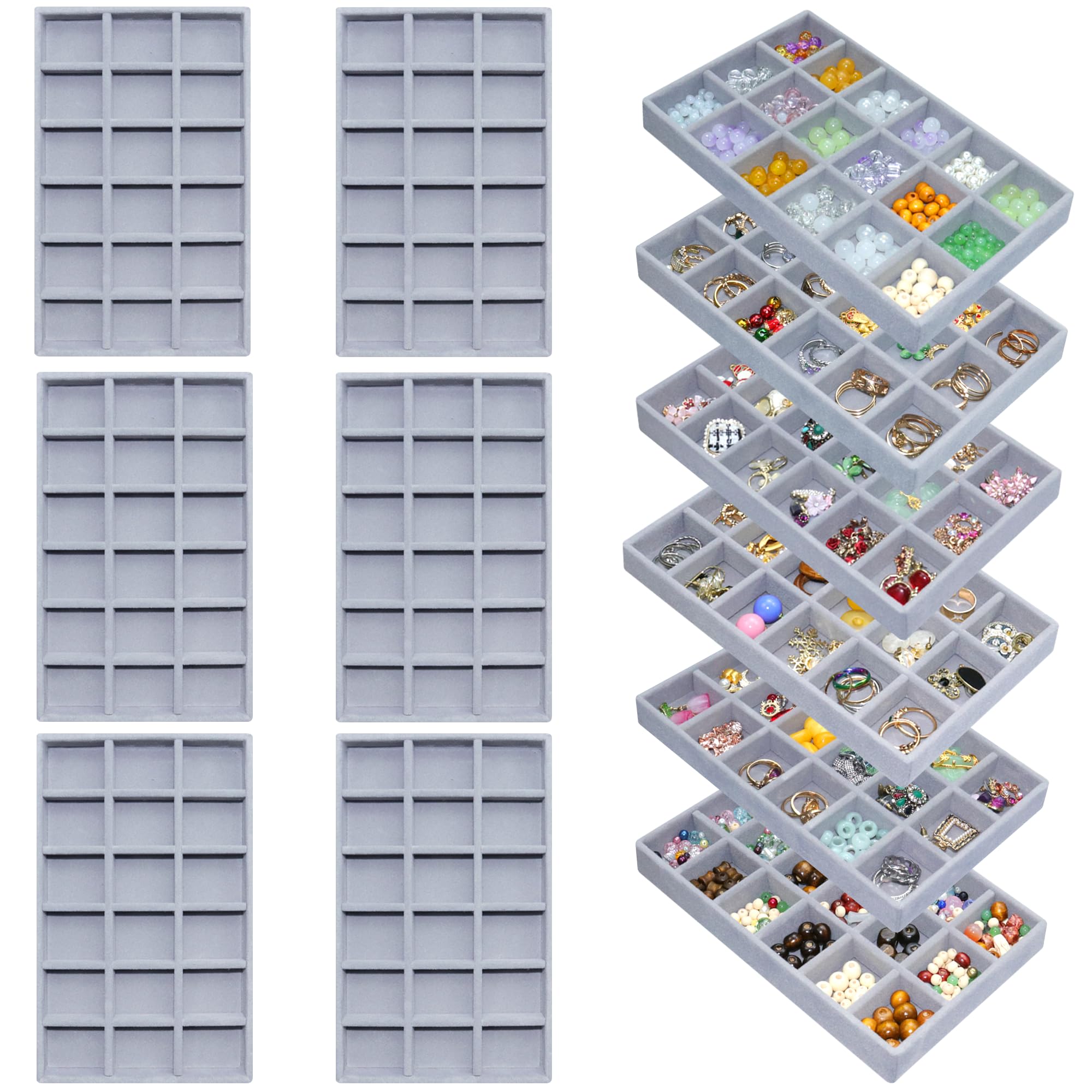 Photo 1 of 7Color Sky 12 Pack Jewelry Tray for Drawer Velvet Earring Organizer Stackable Jewelrys Ring Organizer Divided Display Tray 216 Grids, Grey