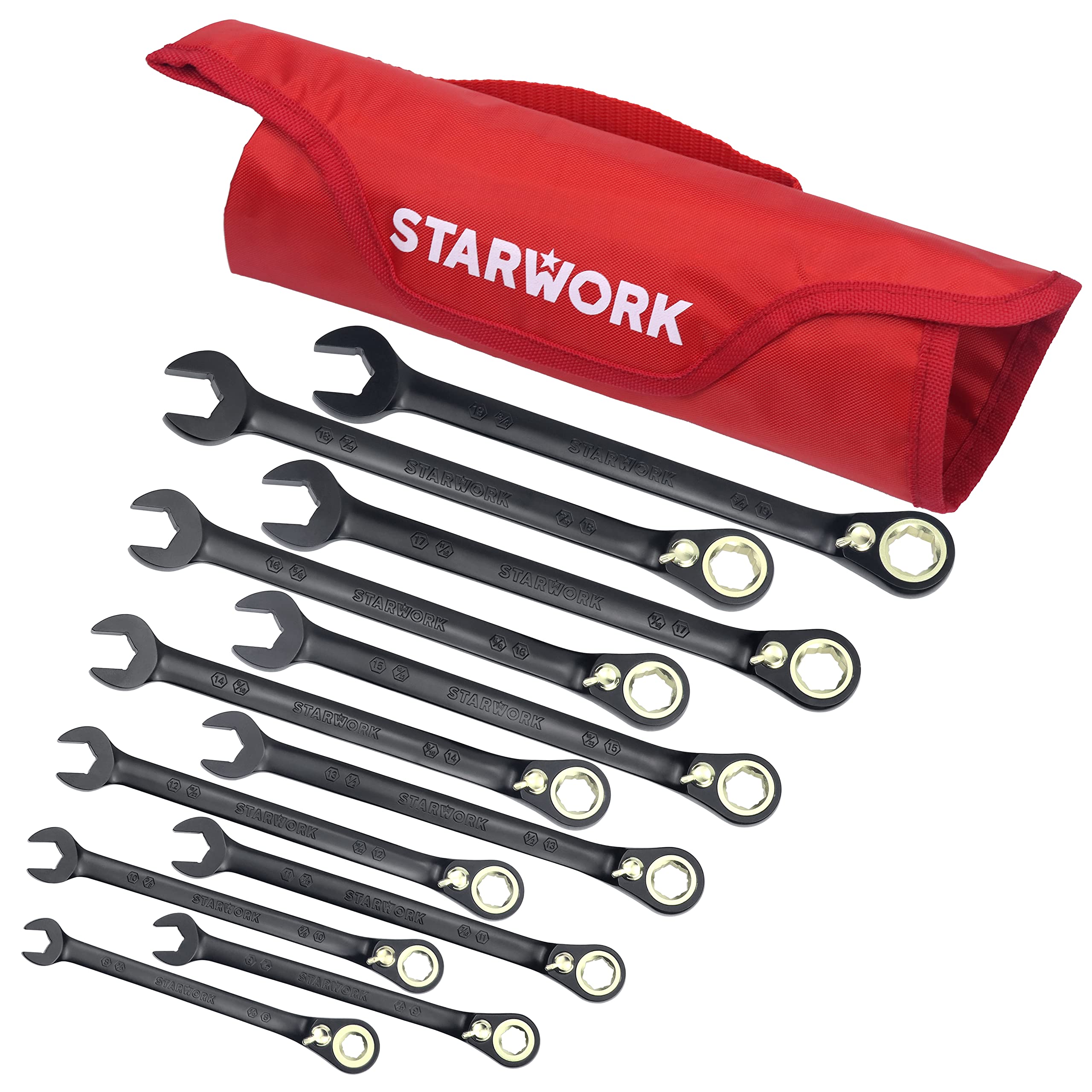 STARWORK True Mechanic™ 12Pc. 120T Reversible SAE&Metric Ratcheting Wrench Set, Long Pattern, Professional, with Portable Roll-Up Pouch Bag