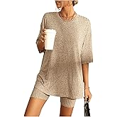 WDIRARA Women's 2 Piece Outfits Rib Knit Crew Neck T-Shirt Skinny Legging Pants Workout Matching Sets