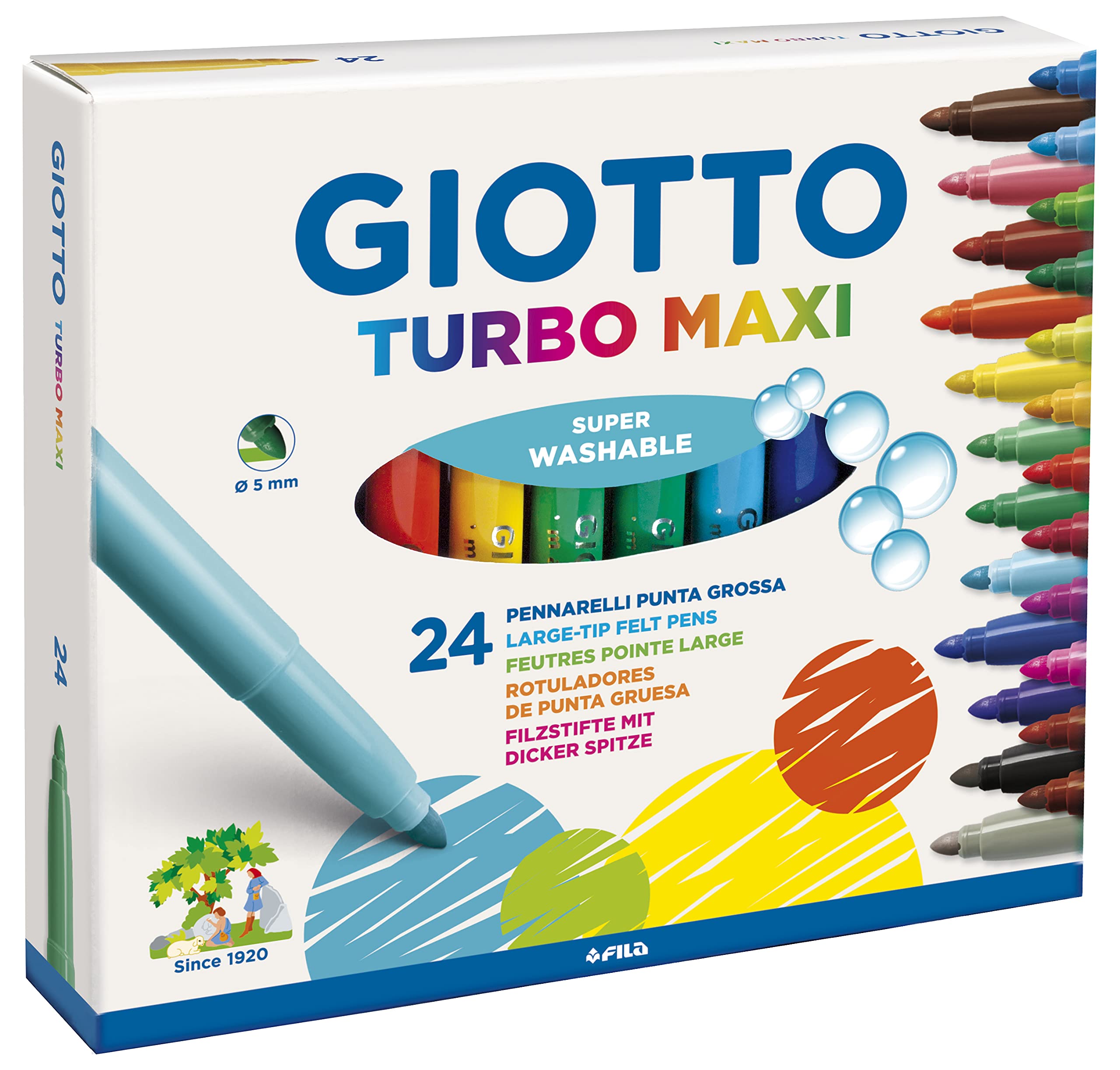 GIOTTO Turbo Maxi Super Washable Felt Tip Fibre Pens, Large Tip Nib 5mm, 24 Assorted Colours, For Children, Parties and Schools