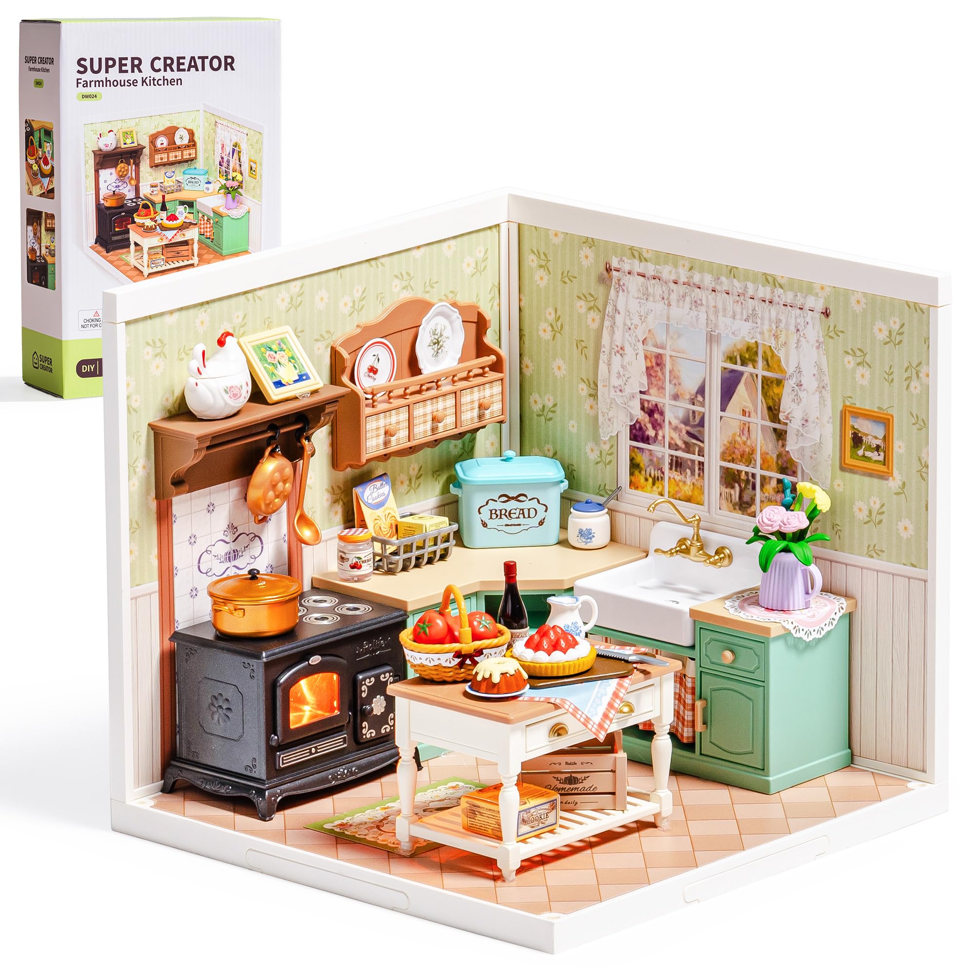 Rolife Super Creator DIY Miniature House Kit Model Kits for Adults to Build Home Desk Bookshelf Decoration Craft Kits for Adults Gift Idea (Farmhouse Kitchen) — image 1