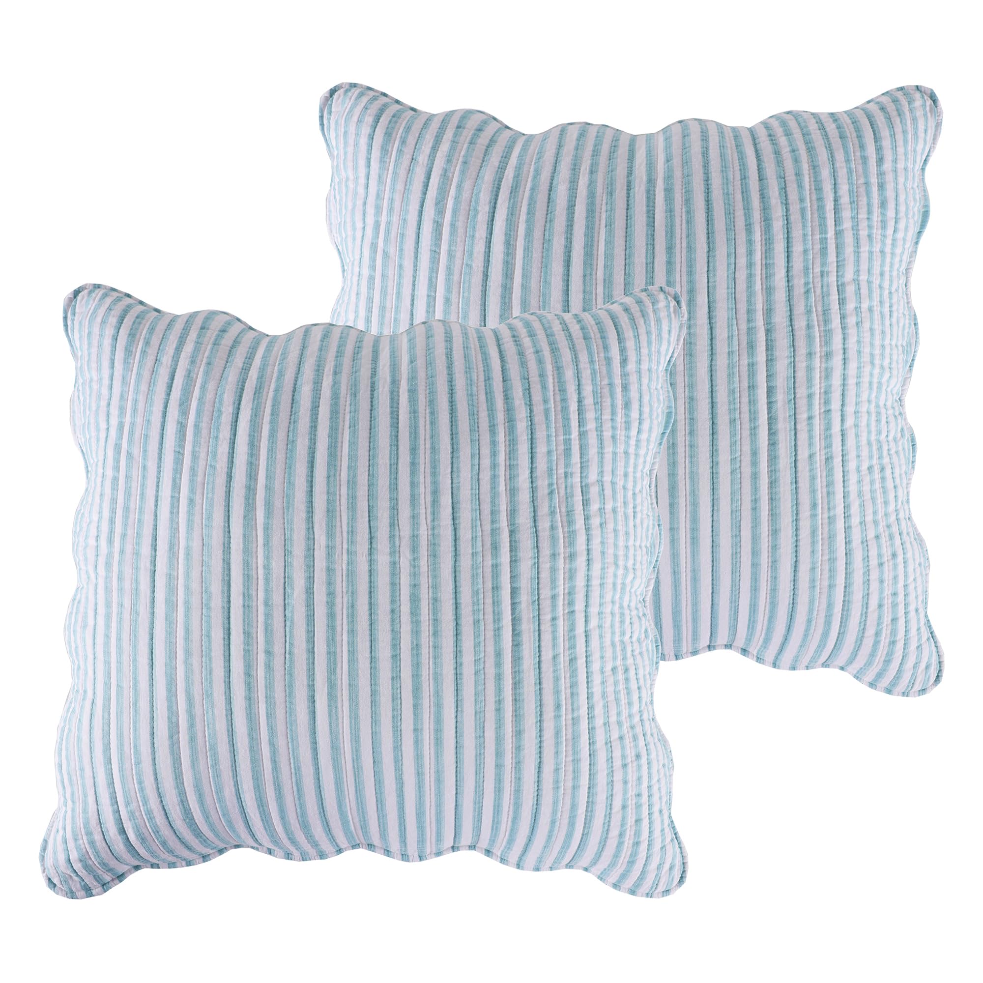 Levtex Home Martha Stripe Spa Euro Sham - Set of 2 (26x26in) - No Insert - Spa - Stripe - Cotton Euro Sham - Scalloped Edge