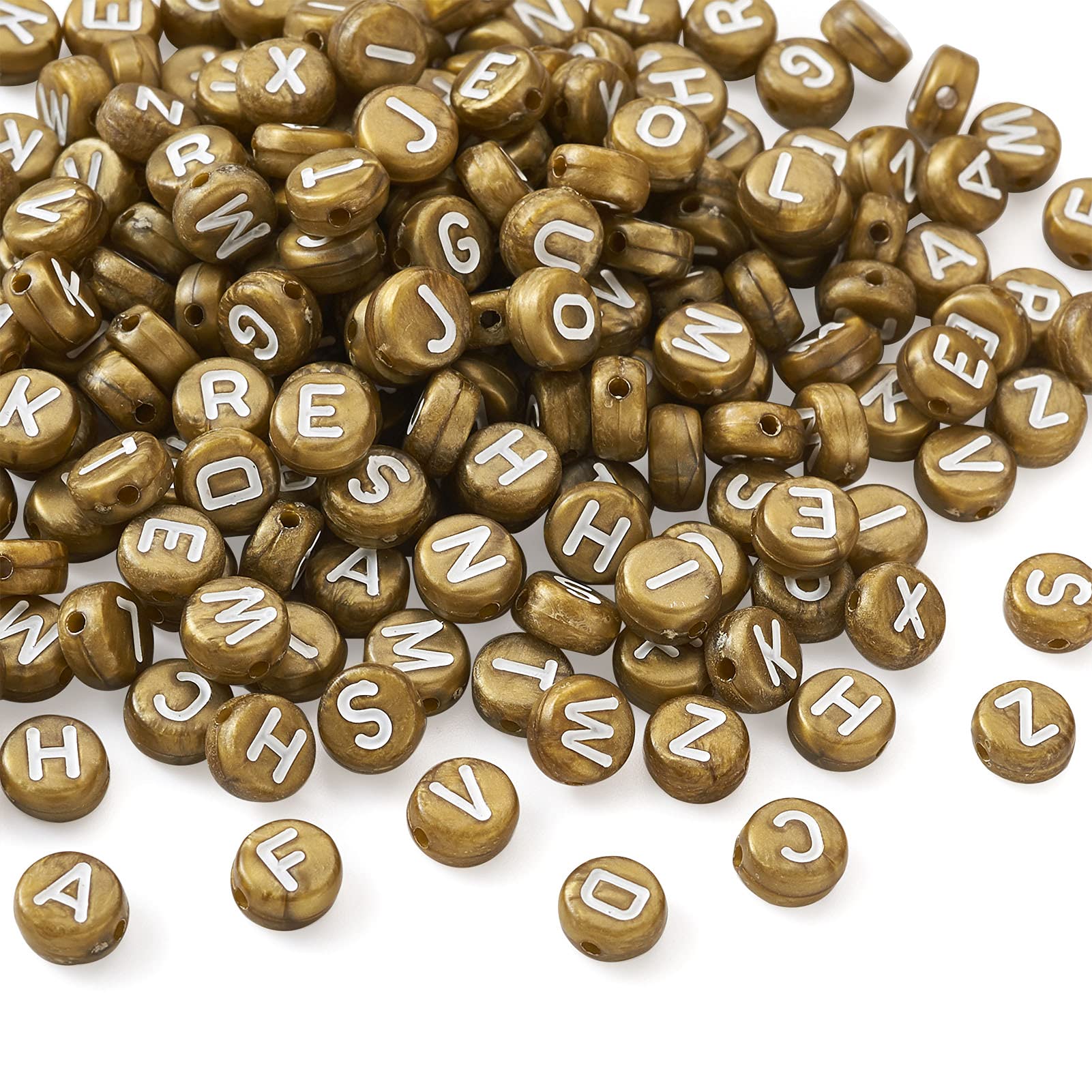 Beadthoven 200pcs Flat Round Acrylic Alphabet Beads Round Letter Loose Spacer Beads White Initials 7x4mm Mini Pony Beads Antique Copper for Jewelry Making DIY Projects Friendship Name Bracelets