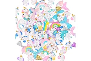 KHTO 90pcs Unicorns Slime Charms Cute Set with Mermaid Tails,Rainbows Slime Beads,Resin Flatback for Scrapbooking DIY Crafts Whith Storage Boxes