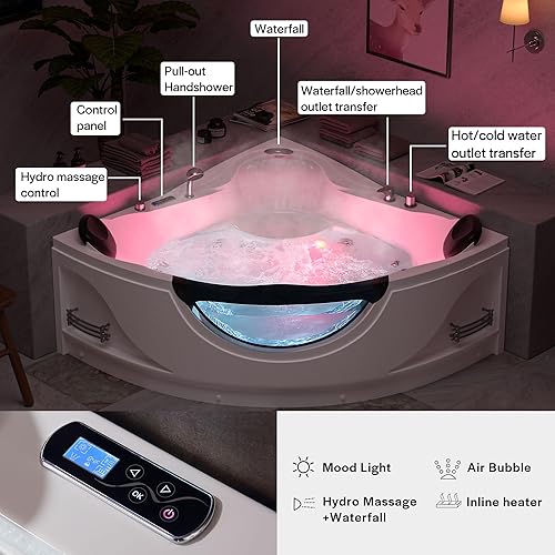 Empava Corner Whirlpool Bathtub with Heater,2 Person 59