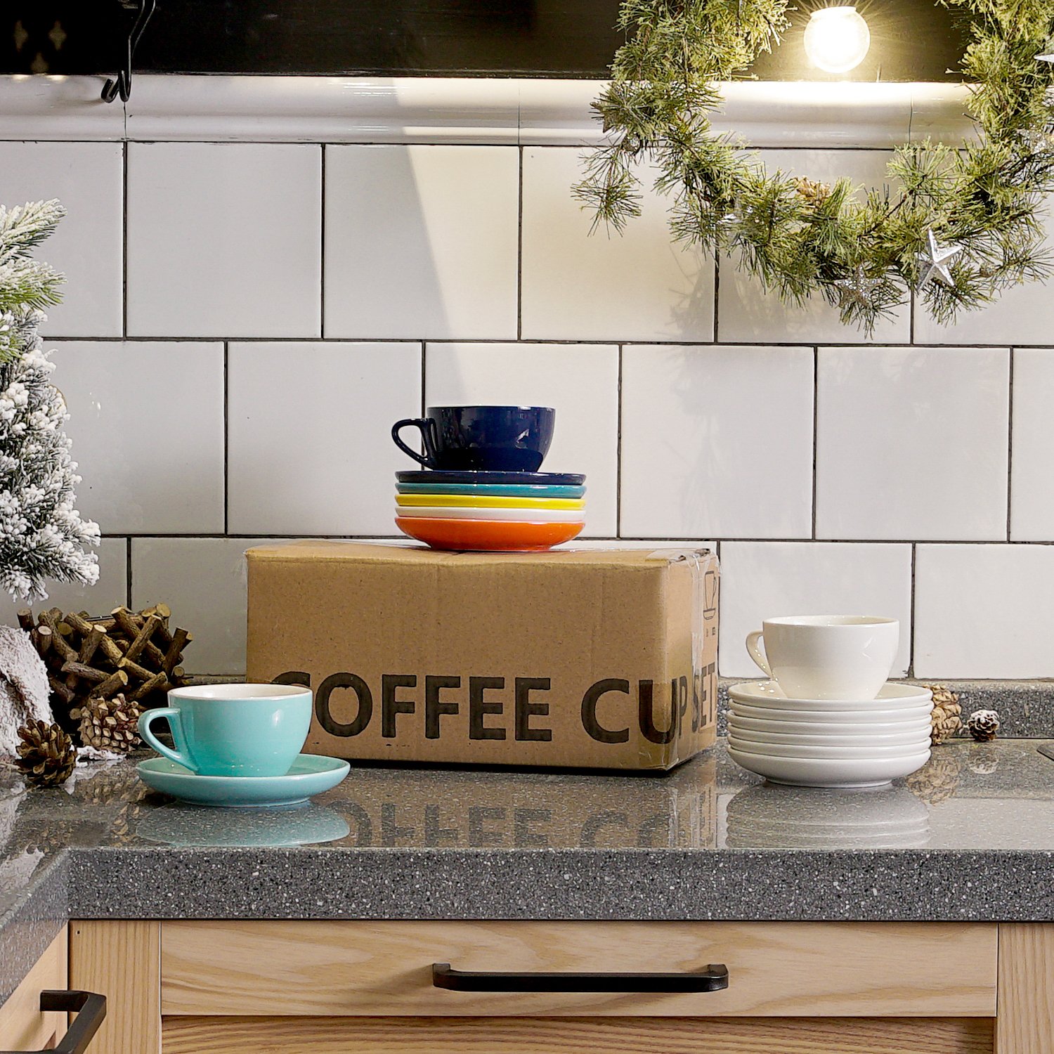 Sweese 4307 Porcelain Cappuccino Cups with Saucers - 6 Ounce for Specialty Coffee Drinks, Latte, Cafe Mocha and Tea - Set of 6, Hot Assorted colors