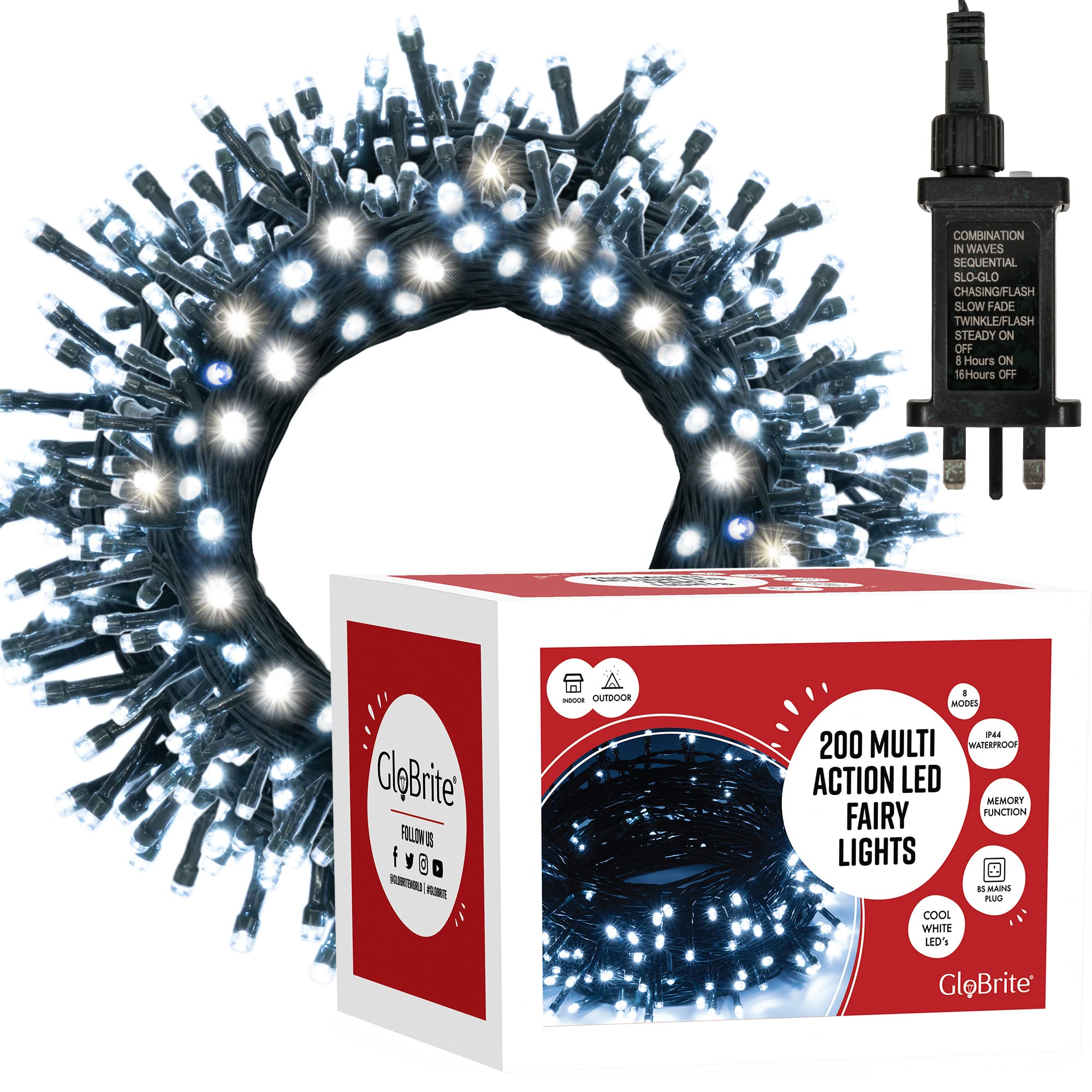 GloBrite 200 LED Fairy Lights - Versatile Christmas Lights with 8 Modes, Outdoor Fairy Lights, Christmas Tree Lights and Christmas Decorations - Waterproof Christmas Lights Outdoor - White