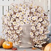 Fake Mums Artificial Fall Hanging Flowers for Outdoors Decoration, 2 PCS Faux Silk Morning Glory with Bown Eucalyptus UV Resistant Plants for Wall Home Porch Patio Balcony Yard Indoor Decor (White)