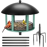 Kingsyard Large Platform Bird Feeder for Outside, Tray Bird Feeder with Weather Protective Dome & Universal Pole Kit, 5 lbs Seed Capacity, Green