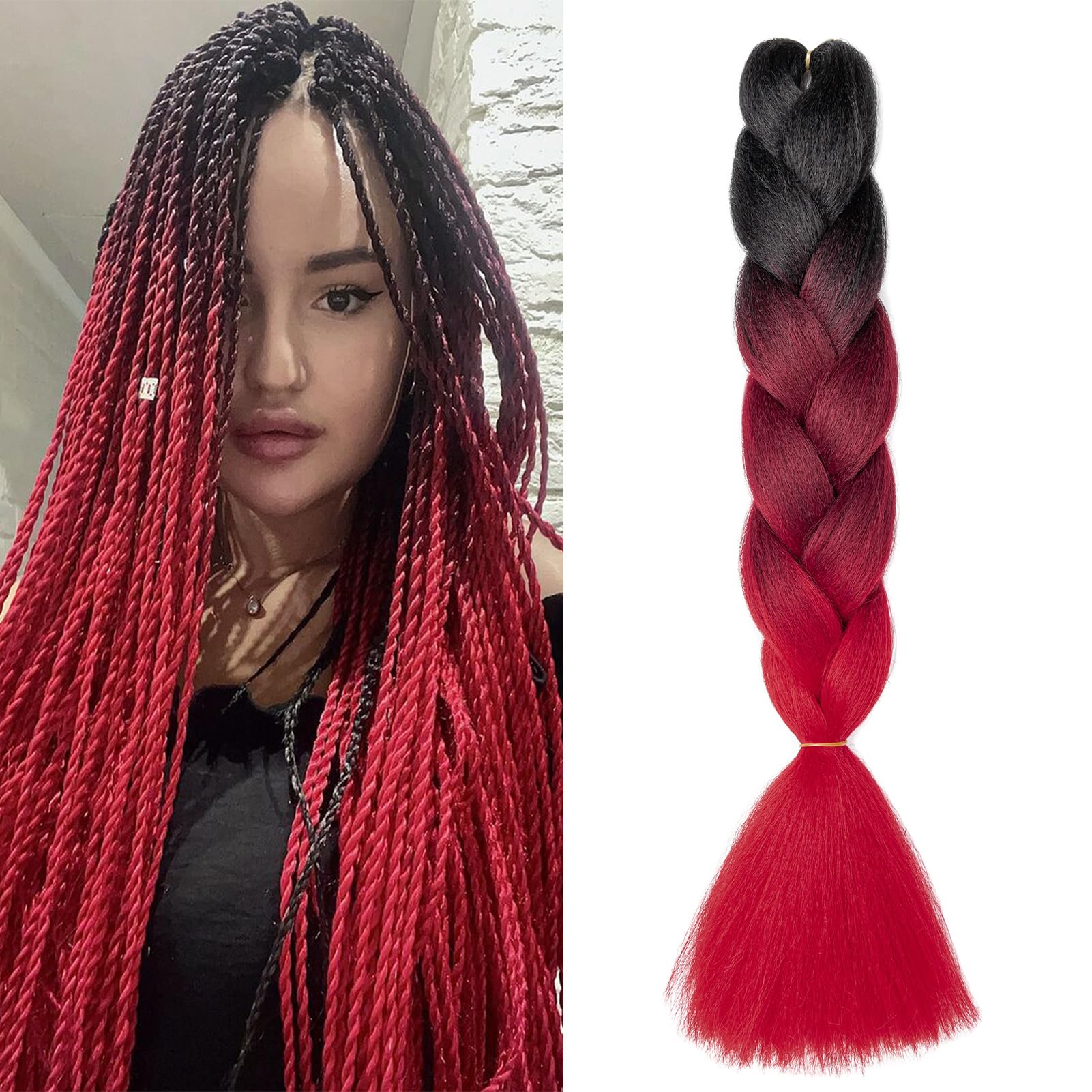 Dcbaboo Hair Extensions for Braiding Jumbo Braiding Hair Extension 1pack 24inch Synthetic Hair Kanekalon Ombre Braids Extensions Hair Afro Crochet Twist Box Braids 100g, Black-Wine Red-Red — image 1
