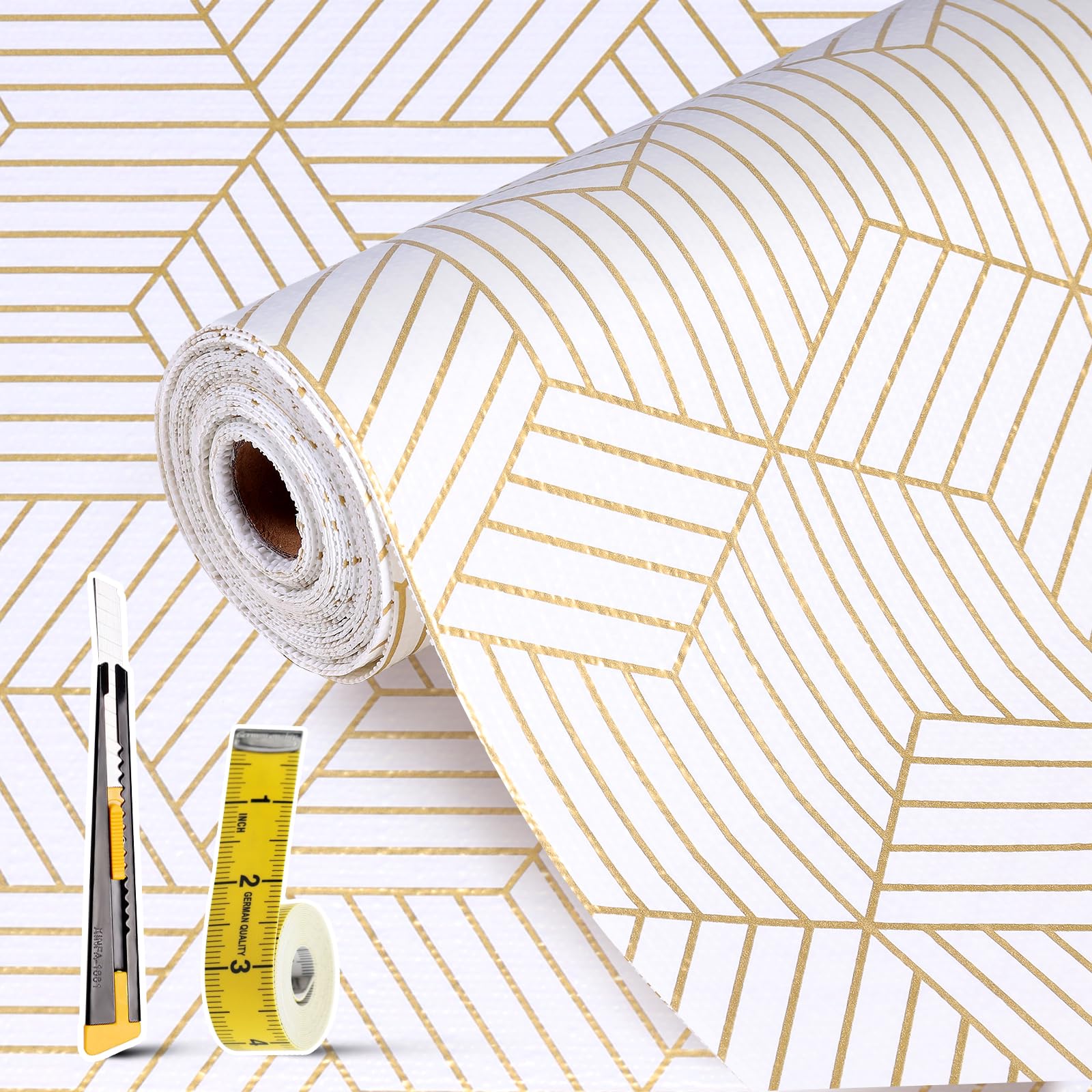 Photo 1 of Shelf Liners for Kitchen Cabinets Non Adhesive Shelf Liner Paper Non-Slip Thickened Drawer Liner Easy to Clean for Tool Box Refrigerator with Knife and Tape Measure, Gold Geometric, 17.3 x 354.3 in