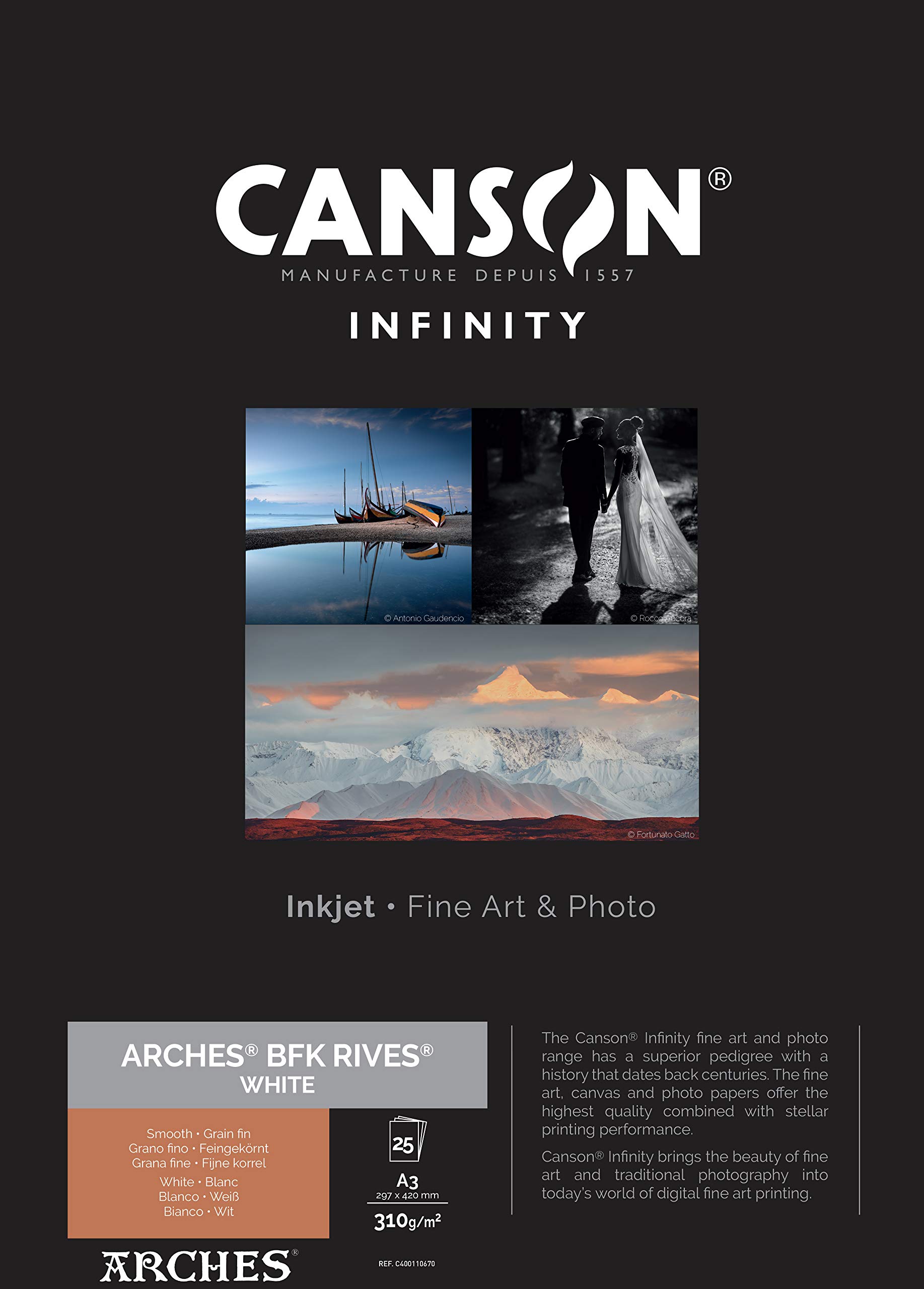 Canson Infinity Arches BFK Rives 100% Textured White Inkjet Photo Paper, 310gsm, 29.7 x 42 cm, 25 Sheets, Acid-Free, Ideal for Professional Photographers