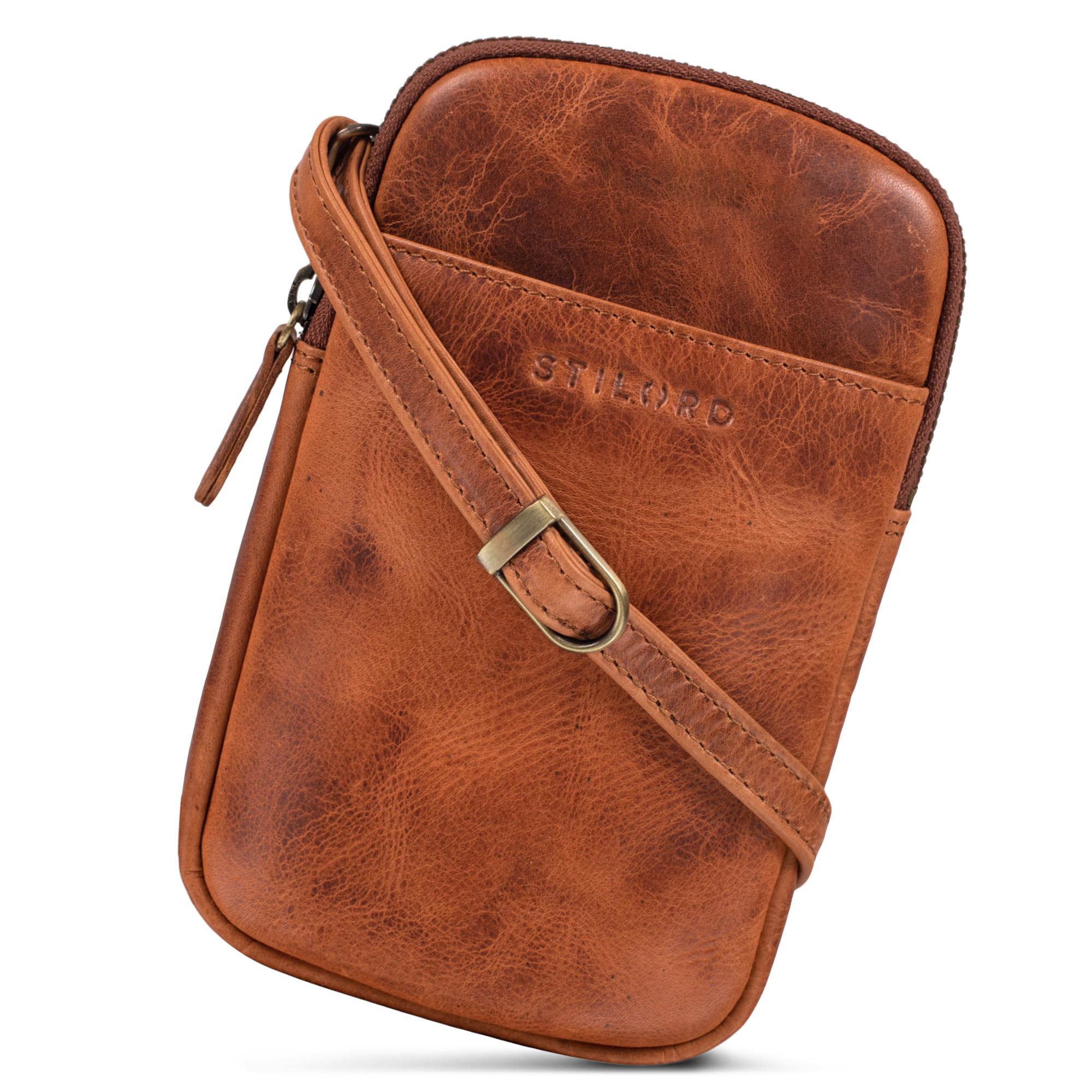 STILORD 'Loki' Leather Chest Bag Vintage Crossbody Bag Leather Phone Case for Smartphone Sling Bag XS Fanny Pack Genuine Vintage Leather, Colour:Kara - Cognac