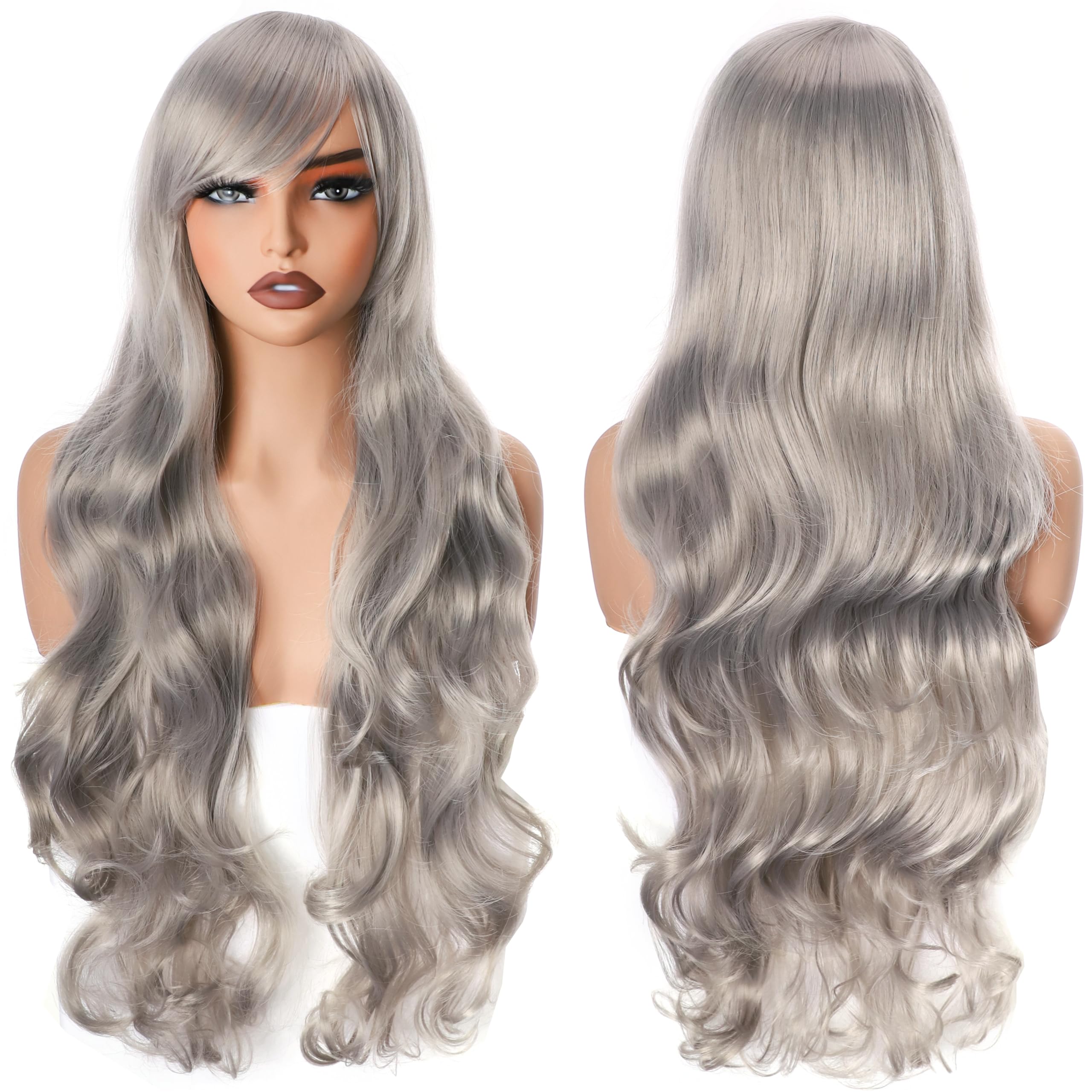 YEESHEDO 32" 80 cm Gray Long Wavy Curly Hair Cosplay Wigs with Bangs for Women Girls Heat Resistant Synthetic Wig for Party Costume Anime Halloween