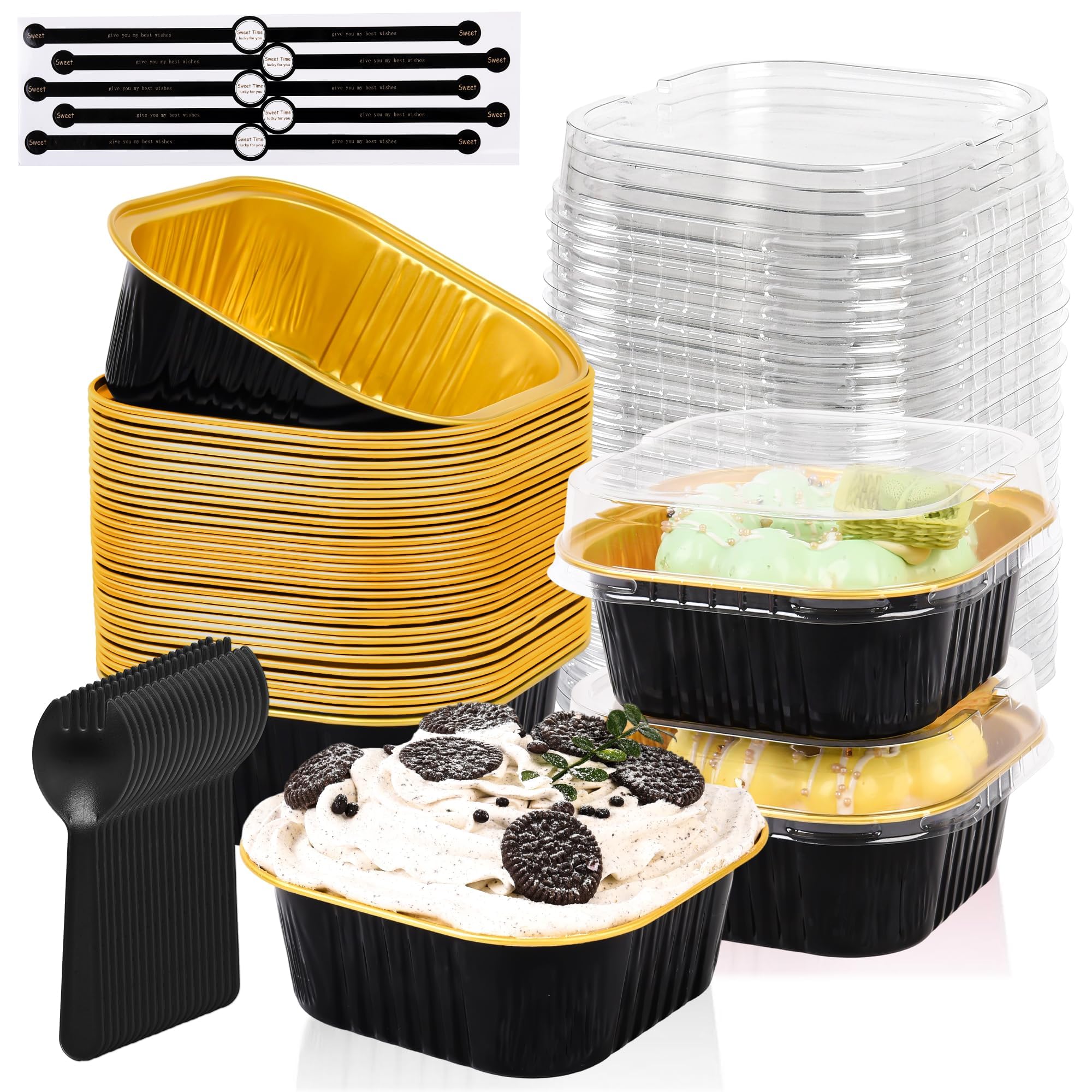Photo 1 of 100 Pcs Mini Cake Pans with Lids, 5oz Square Aluminum Foil Brownie Baking Cups, Dessert Cupcake Cups with lids, Disposable Loaf Pans Cupcake for Wedding Birthday Party (Black Gold)