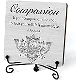 Buddha Compassion Quote Desk Decor, Funny Office Inspirational Gifts for Family Friends, Meditation Room Tabletop Decor, Zen Home Office Wooden Plaque Sign with Stand (J01)