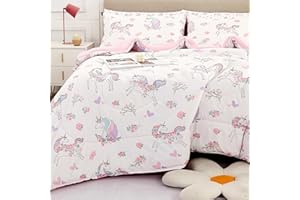 Viviland Kids Twin Bedding Sets for Girls, Soft Twin Comforter Set with Sheets, 5 Pieces Microfiber Bed in a Bag, White Unicorn