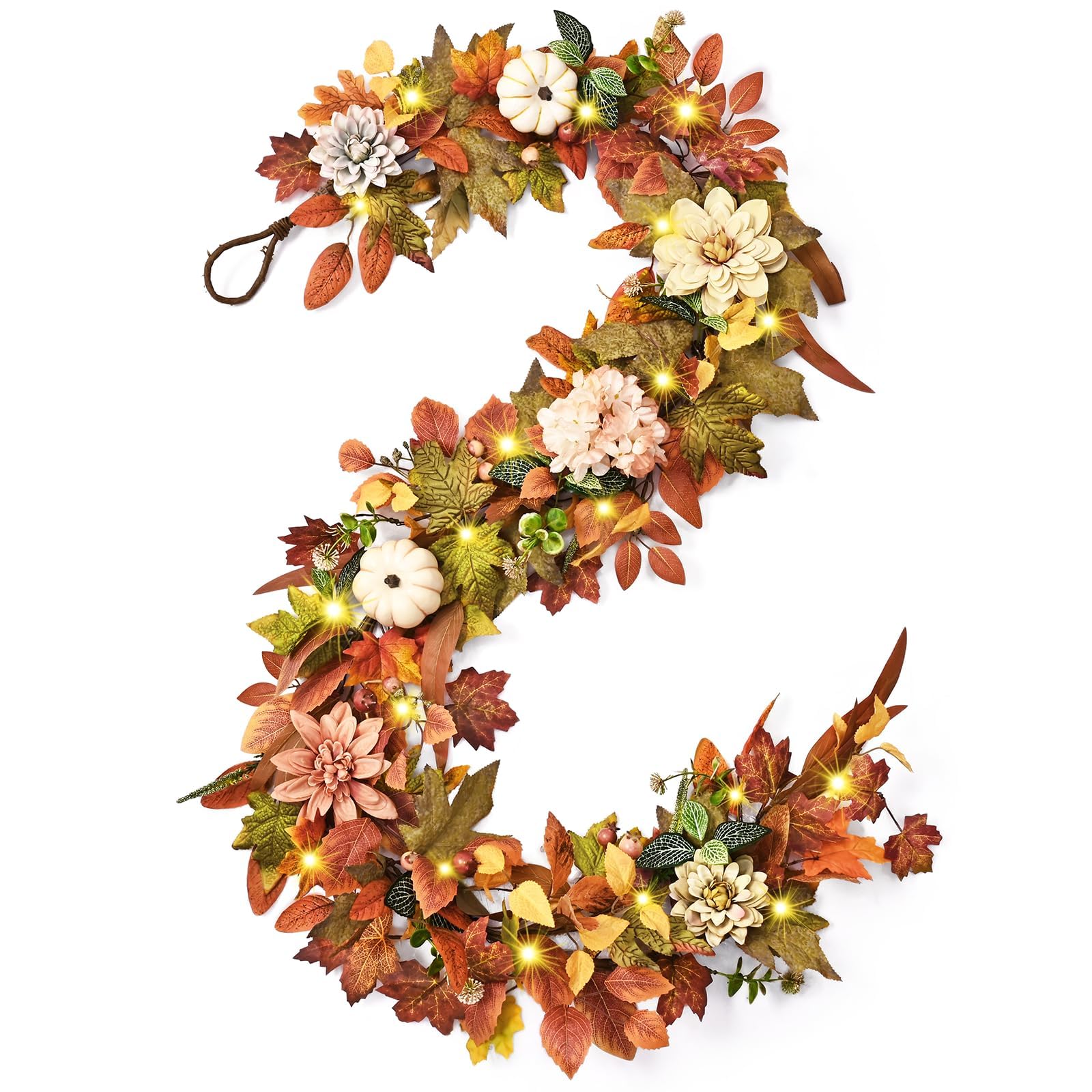 Photo 1 of Fall Decorations for Home, Fall Garland for Mantle, 6 FT Fall Garland with Lights, Fall Leaves Pumpkin Garlands for Table Centerpiece Door Window Fireplace Home Indoor Outdoor Fall Thanksgiving Decor