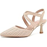 Eugisy Women's Closed Toe Low Kitten Heel Knit Pumps Elastic Ankle Strap Pointed Toe Slingback Comfortable Dress Wedding Party Shoes