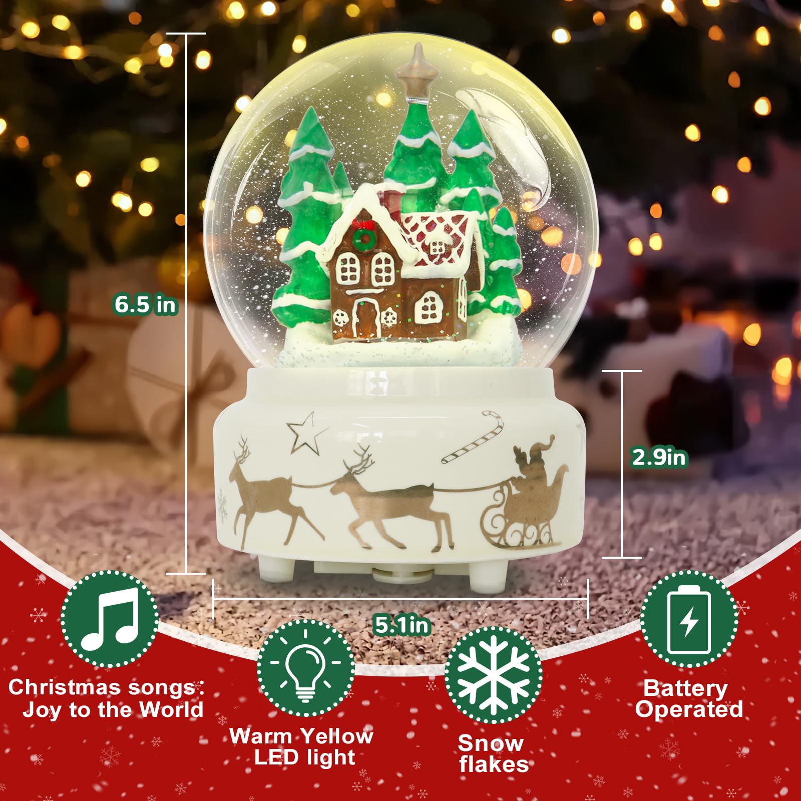 GIYBIGM 6.5Inch Height Christmas Snow Globe with Gingerbread Man House on Ceramic Base LED Light Musical Snowflakes Holiday Decoration, Holiday Home Decor, Large Illuminated Glitter Water Globe.