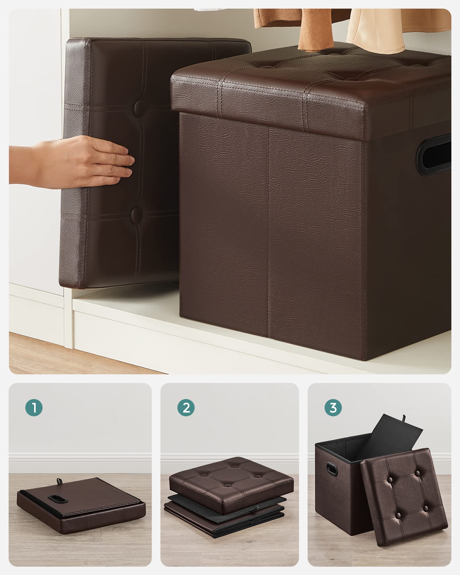 SONGMICS 15 Inches Ottoman with Storage, Footstool, Storage Ottoman with Metal Grommet Handles, Synthetic Leather, 660 lb Load Capacity, for Dorm Room, Living Room, Bedroom, Brown ULSF30Z