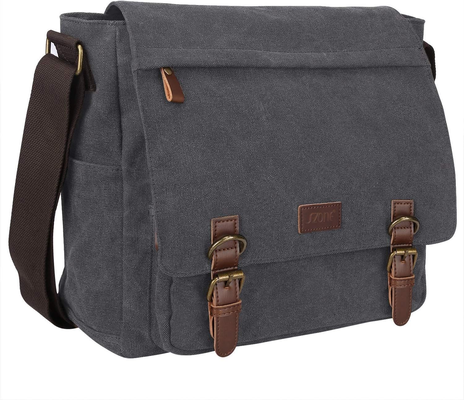 S-ZONE Men's Messenger Bag Crossbody Shoulder 14-17.3Inch Laptop Vintage Canvas Briefcase Satchel for Work School Traveling Daily Use Multiple Pocket