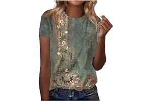 AMXYFBK Retro Floral Print Shirts for Women Short Sleeve Crew Neck Pullover Summer Tops Blouse Fashion Loose Basic Tees Tops