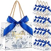 Kolldenn 40 Pcs Small Thank You Floral Gift Bags 5.5''x 2.4''x 4.7'' Blue White Paper Party Favor Bag with Handle Chinoiserie Floral Bag Bulk with Ribbon for Wedding Birthday Bridal Baby Shower