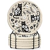 Kokaaee Cup Coasters for Drinks Absorbent - for Coffee Wooden Table Office Home Farmhouse Outdoor Rustic Desk Cup Mat Soft Woven Cloth Braided Fabric Cute Flower Cat Coaster Set of 6 with Holder
