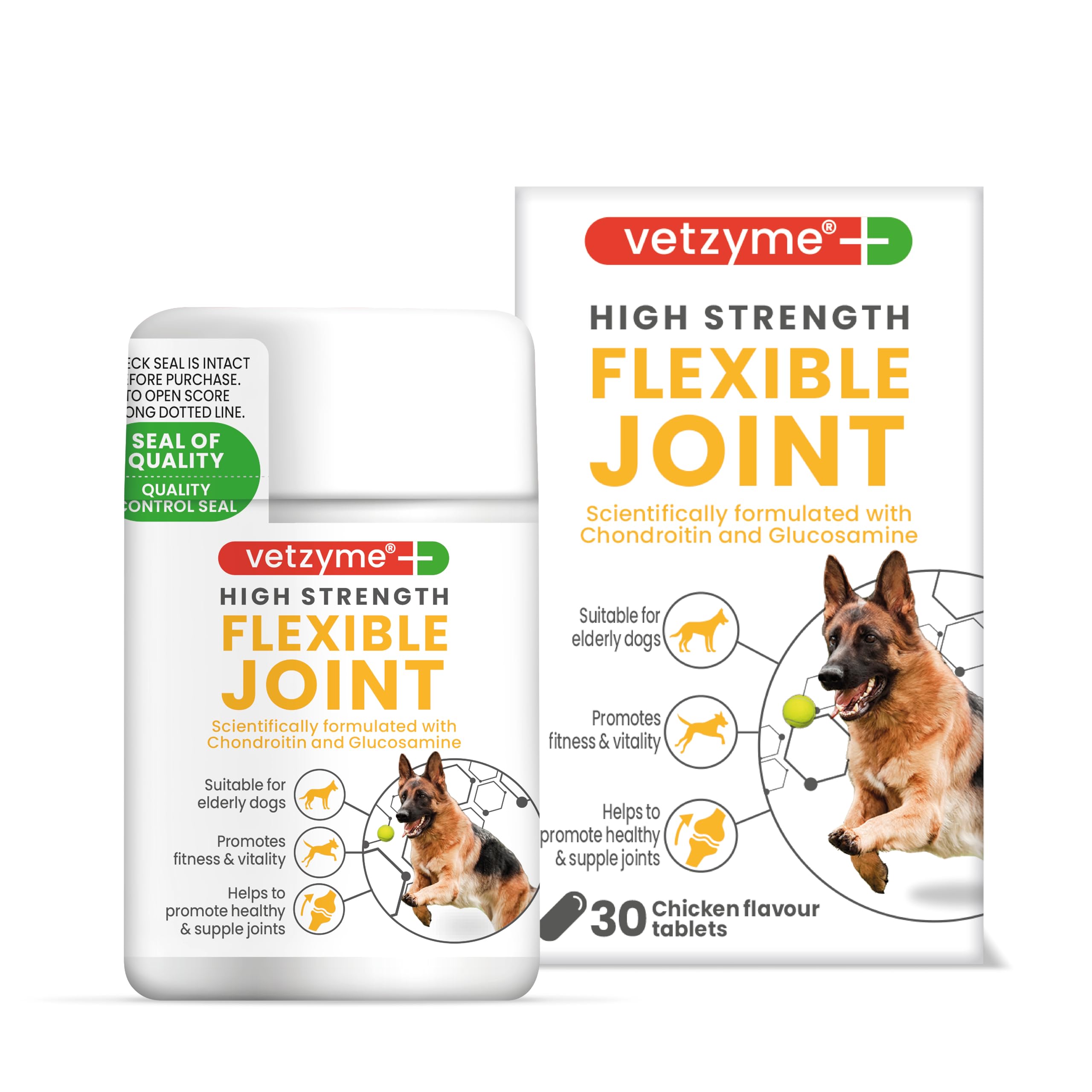 Vetzyme High Strength Flexible Joint Supplements for Senior Dogs (30 Tablets) - Hip and Joint Care with Chondroitin and Glucosamine, Tasty Chicken Flavour