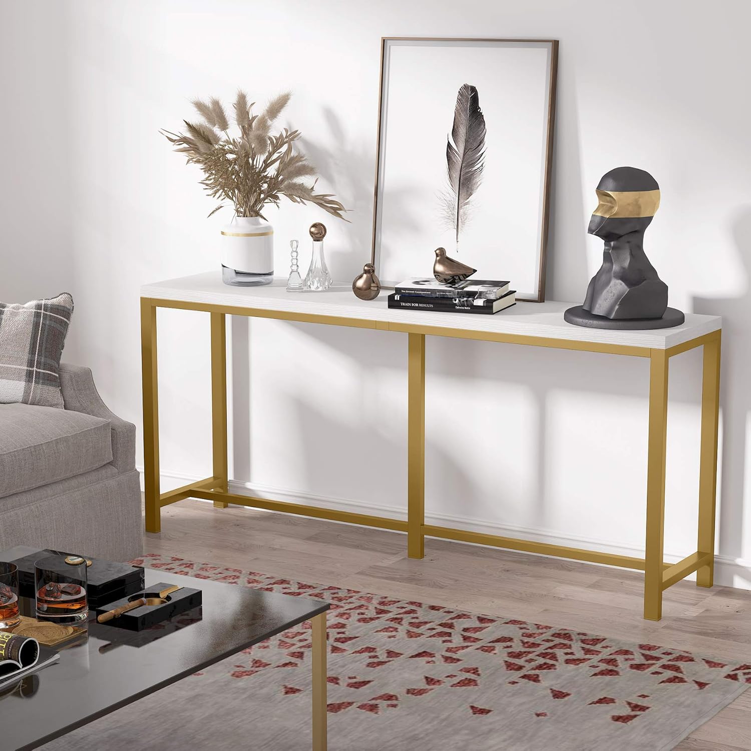 Tribesigns 70.9 inch Extra Long Sofa Table, Gold Console Table Behind Sofa Couch, Narrow Long Entryway Table Industrial Skinny Hallway Table for Living Room (Gold and White): Kitchen & Dining