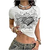 RoseSeek Women's Y2K Heart Graphic Tees Crew Neck Short Sleeve Crop Tops Fitted Summer T Shirts