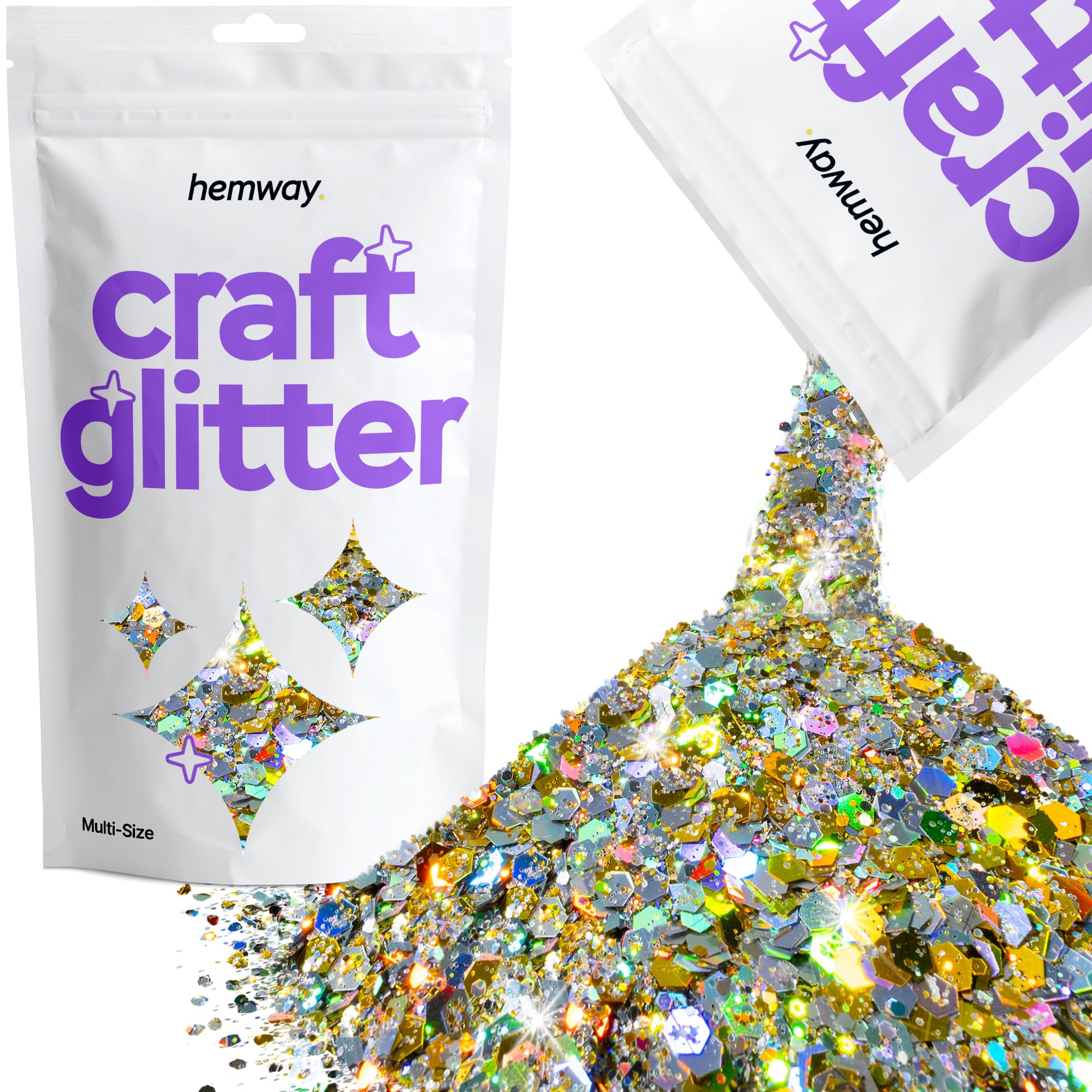 Hemway Craft Glitter Gold Silver Holographic 100g Multi Size Glitter for Crafts, Resin, Cosmetic, Nail, Face, Body, Festival, Tumblers, Art, Candle, Crafting