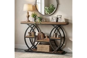 LITTLE TREE 39.4" Oval Console Table with Storage, 4-Tier Entryway Table, Industrial Sofa Tables Behind Couch, Hallway Accent