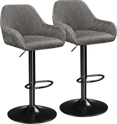 Yaheetech Bar Stools Set of 2 Adjustable Swivel PU Leather Grey