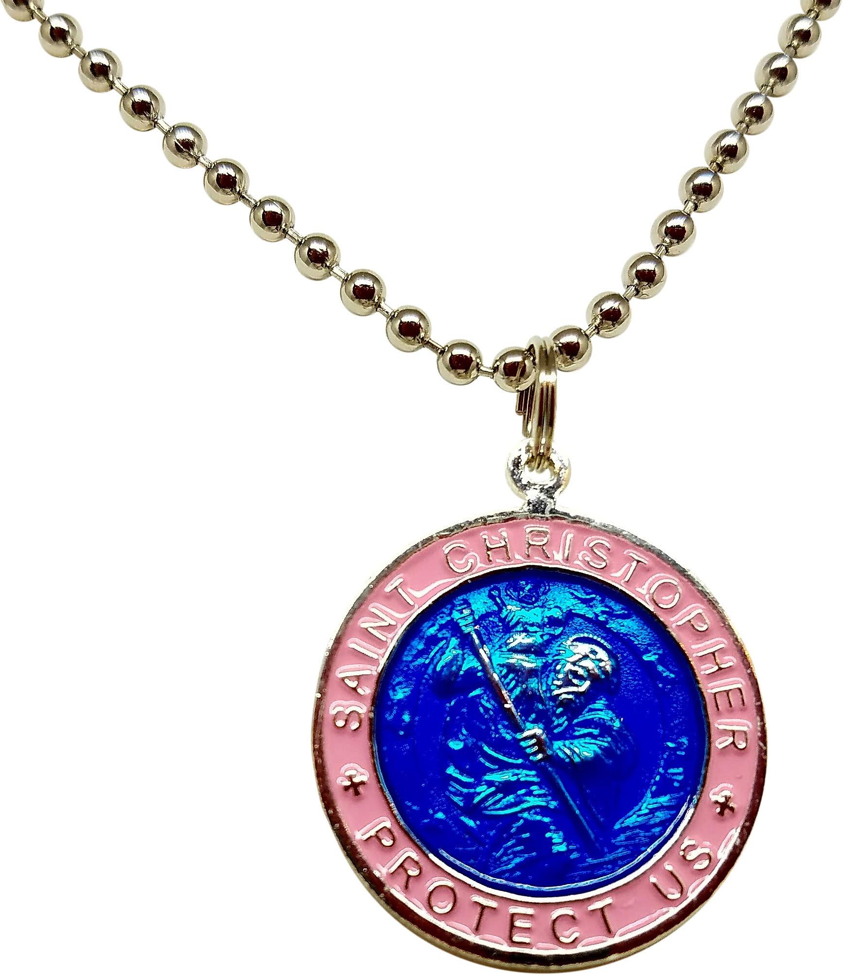 Baja Billys Ocean CreationsSt. Christopher Surf Necklace, Large Pendant, Royal Blue with Pink Rim, 23 Inch Ball Chain