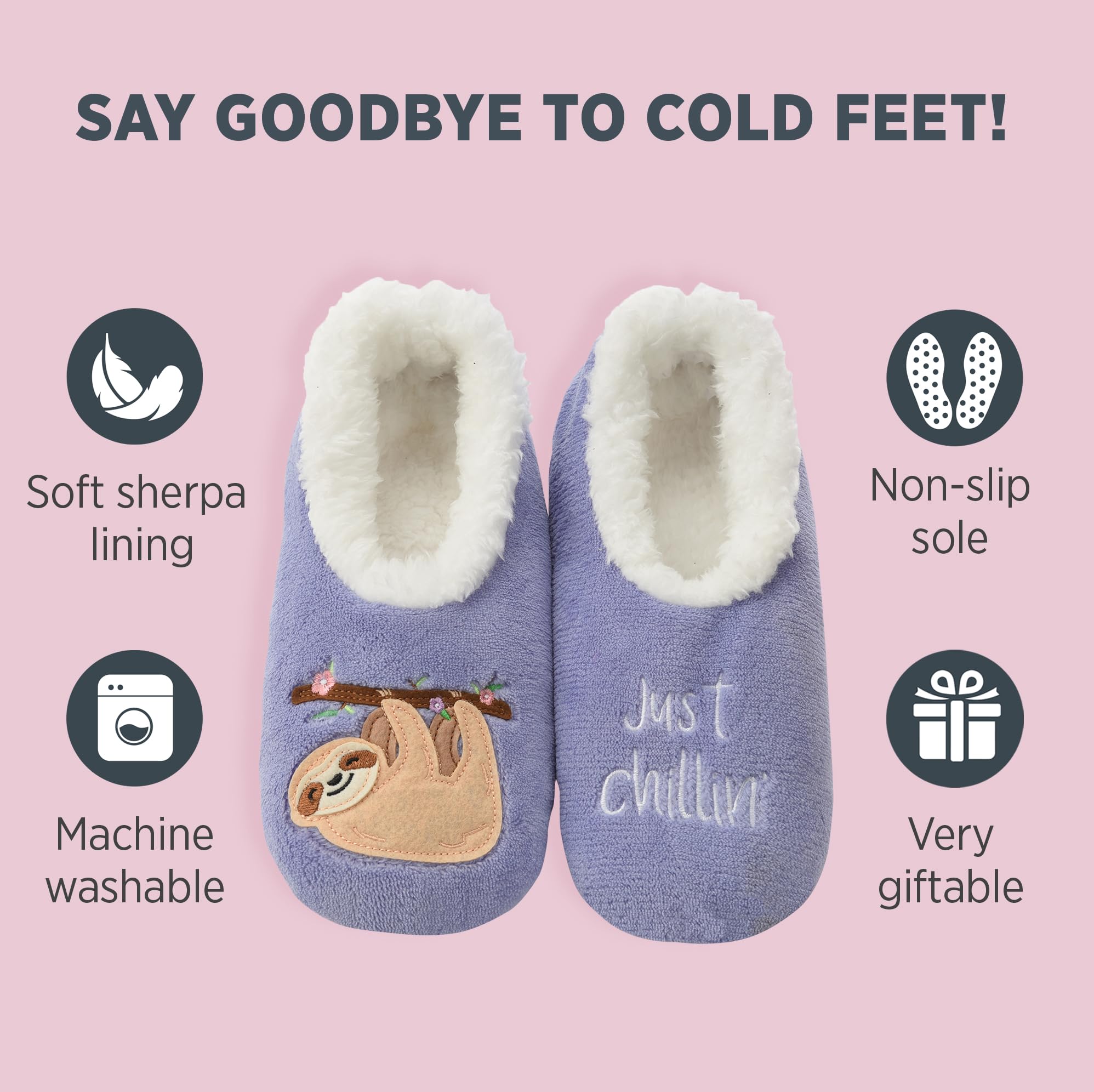 Snoozies Pairable Slipper Socks - Funny House Slippers for Women, Non-Slip Fuzzy Slipper Socks - Sloth Just Chillin - Medium