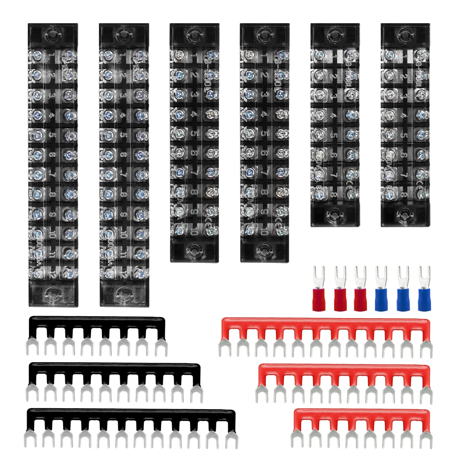 JINXIAN 6Pcs 8/10/12 Position Dual Rows Covered Screw Terminal Block Din Rail Connectors 600V 15A Double Row Terminal Block Set with 6 Pre-Insulated Fork Terminal Barrier Strip Red/Black