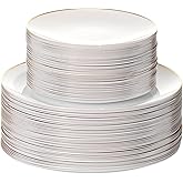 100PCS White Dinnerware Combo | 50 Gold Rim Appetizer/Dessert Plates (7.5in) & 50 Dinner Plates (10in) | Heavy Duty Disposable Plastic Plates For Wedding, Parties, Catering