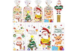 LITMITFU 100 Pcs Christmas Treat Bags - Cute Merry Christmas Cellophane Bags, Plastic Christmass Gift Bags Bulk, Clear Winter Xmas Candy Cello Goodie Bag with Twist Ties for Xmas Party Favors Supplies