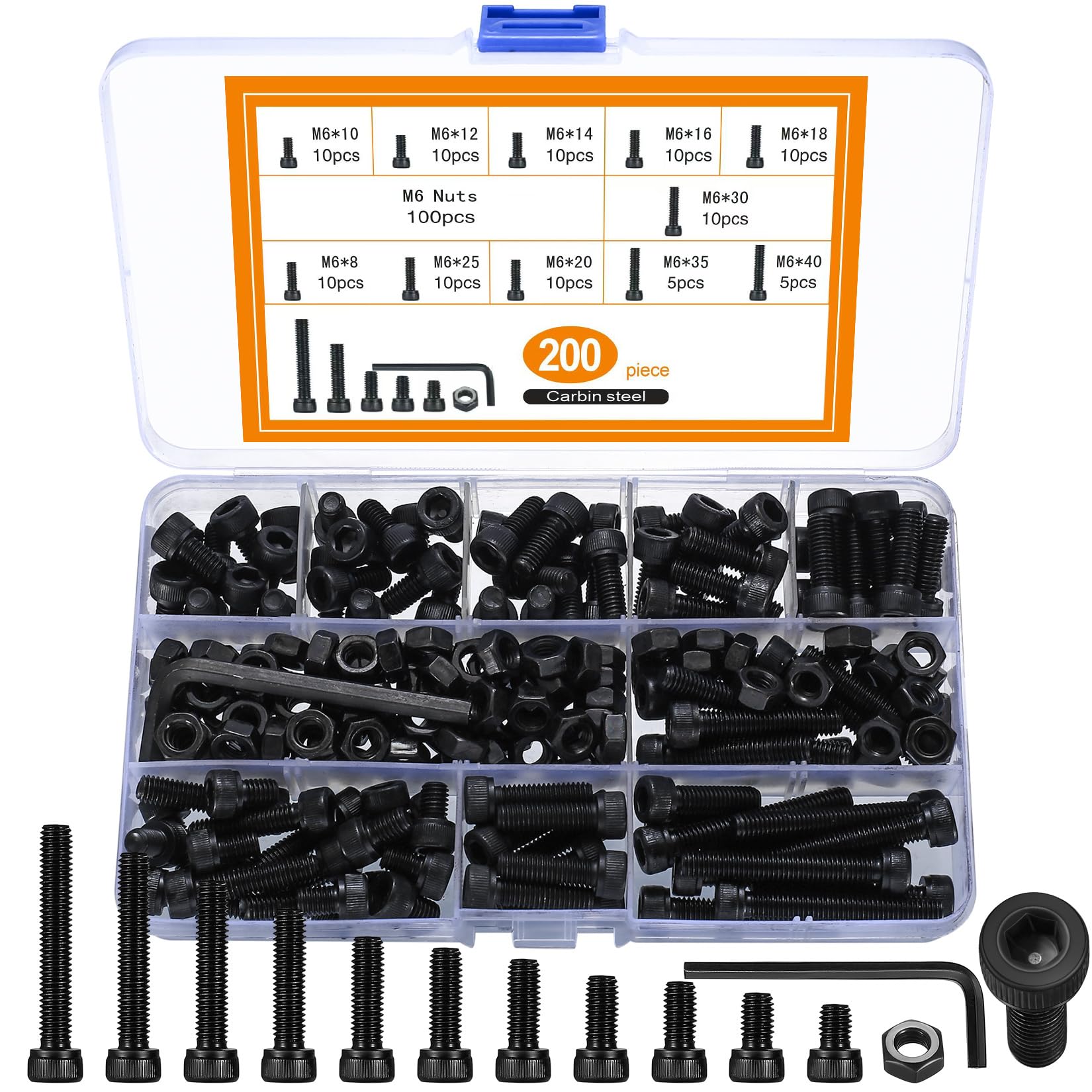 200-Piece M6 black Bolts and Nuts Set, Alloy Steel Allen Screws Bolts and Nuts Assortment Kit, Allen Machine Screws with 2-Piece Hex Wrench