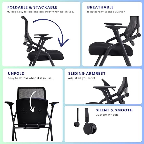 BROBRIYO PRO, STACKABLE & FOLDABLE CONFERENCE ROOM CHAIRS WITH 2X THICK CUSHION, LUMBAR SUPPORT, ARMREST – MESH BOUNCING BACK FOR OFFICE MEETING, CONFERENCE, TRAINING ROOM CHAIR 1 PACK