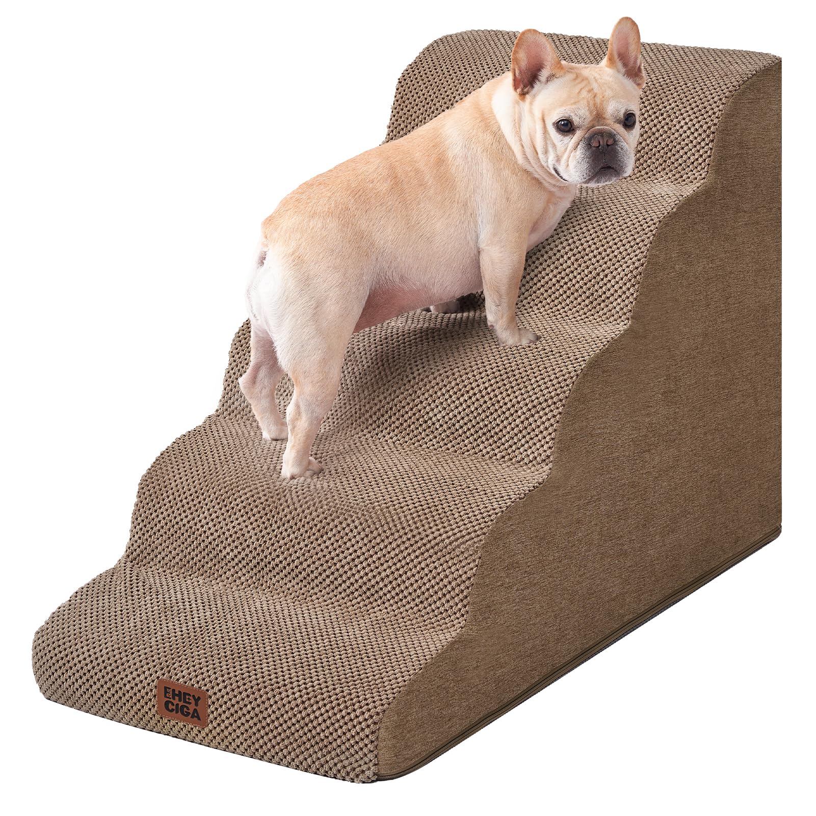 EHEYCIGA Curved Dog Stairs Ramp for High Beds, 5-Step Extra Wide Dog Steps for Small Dogs and Cats, Pet Stairs for High Bed Climbing, Non-Slip Balanced Pet Step Indoor, Camel Image