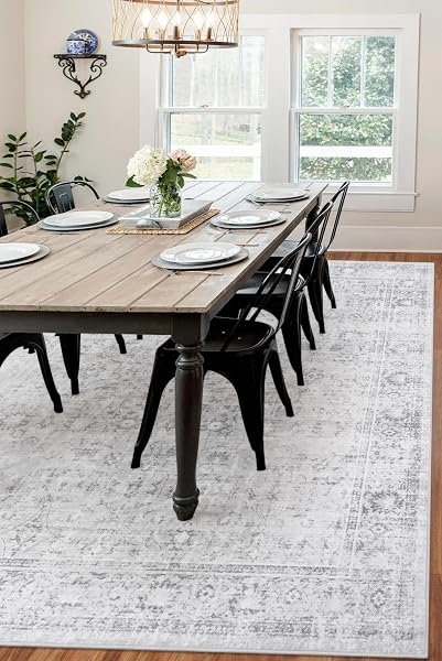LIVEBOX TRADITIONAL RUG 9X12 – LARGE GRAY VINTAGE RUG FOR LIVING ROOM, WASHABLE SOFT FLORAL CARPET ANTI-SKID THIN NEUTRAL RUGS FOR OFFICE BEDROOM DINING ROOM, SILVERYGRAY